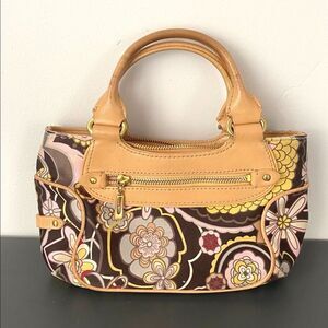 Cole Haan Tan Leather Retro Print Mini Handbag Boho Hippie Cottage Core Beachy